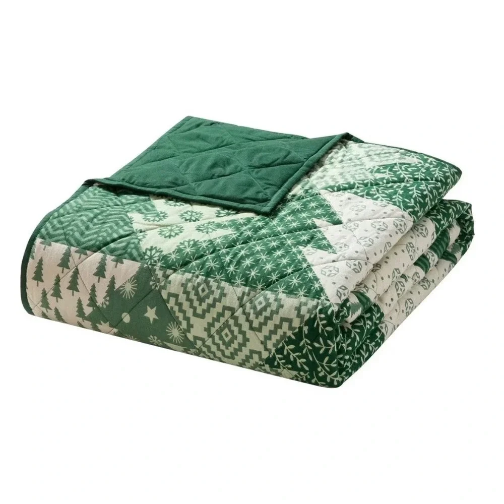 Hallmark Green Christmas Tree Patchwork Quilt Set Holiday Bedding w/ Shams